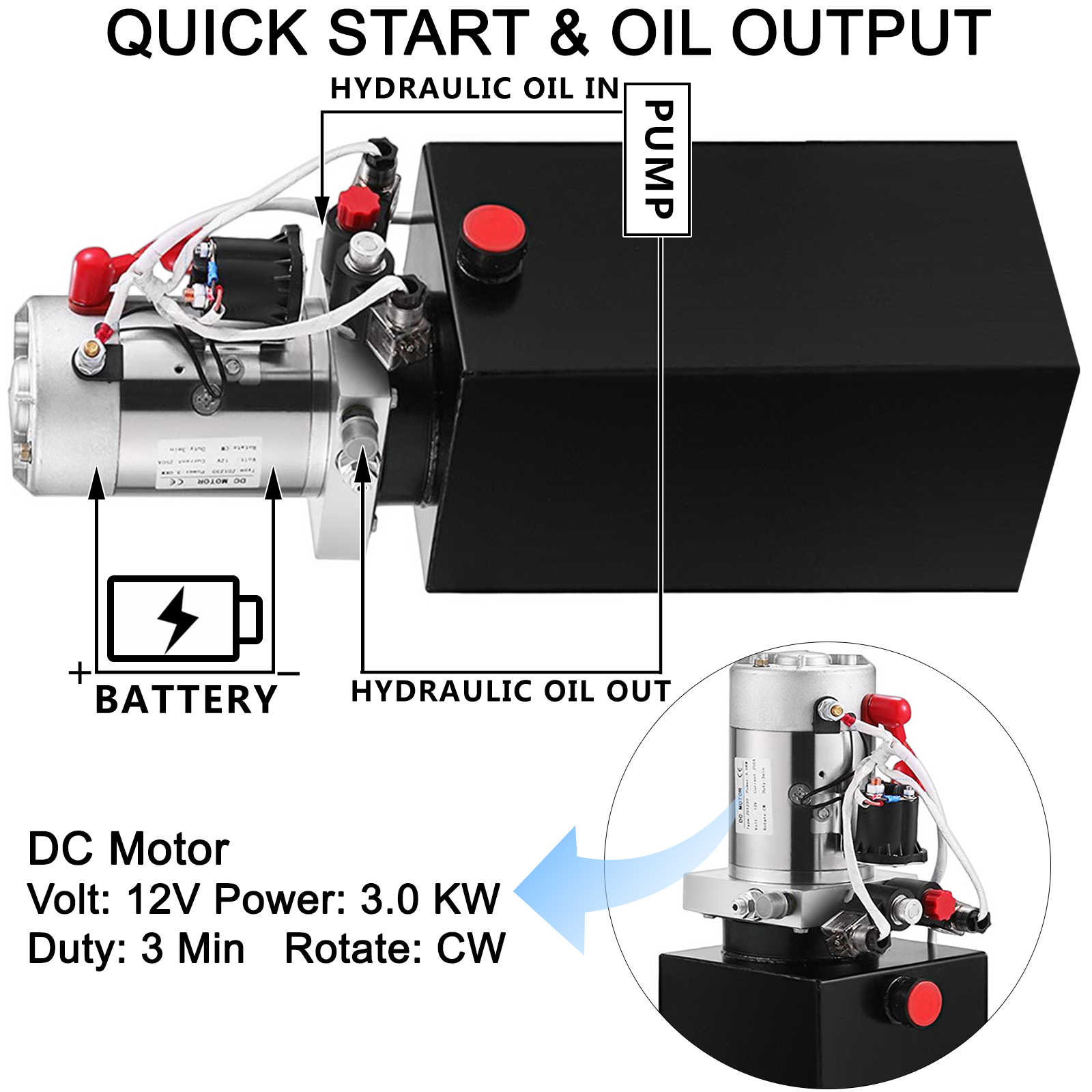 Pompe hydraulique à simple effet 12V DC avec réservoir d'huile en