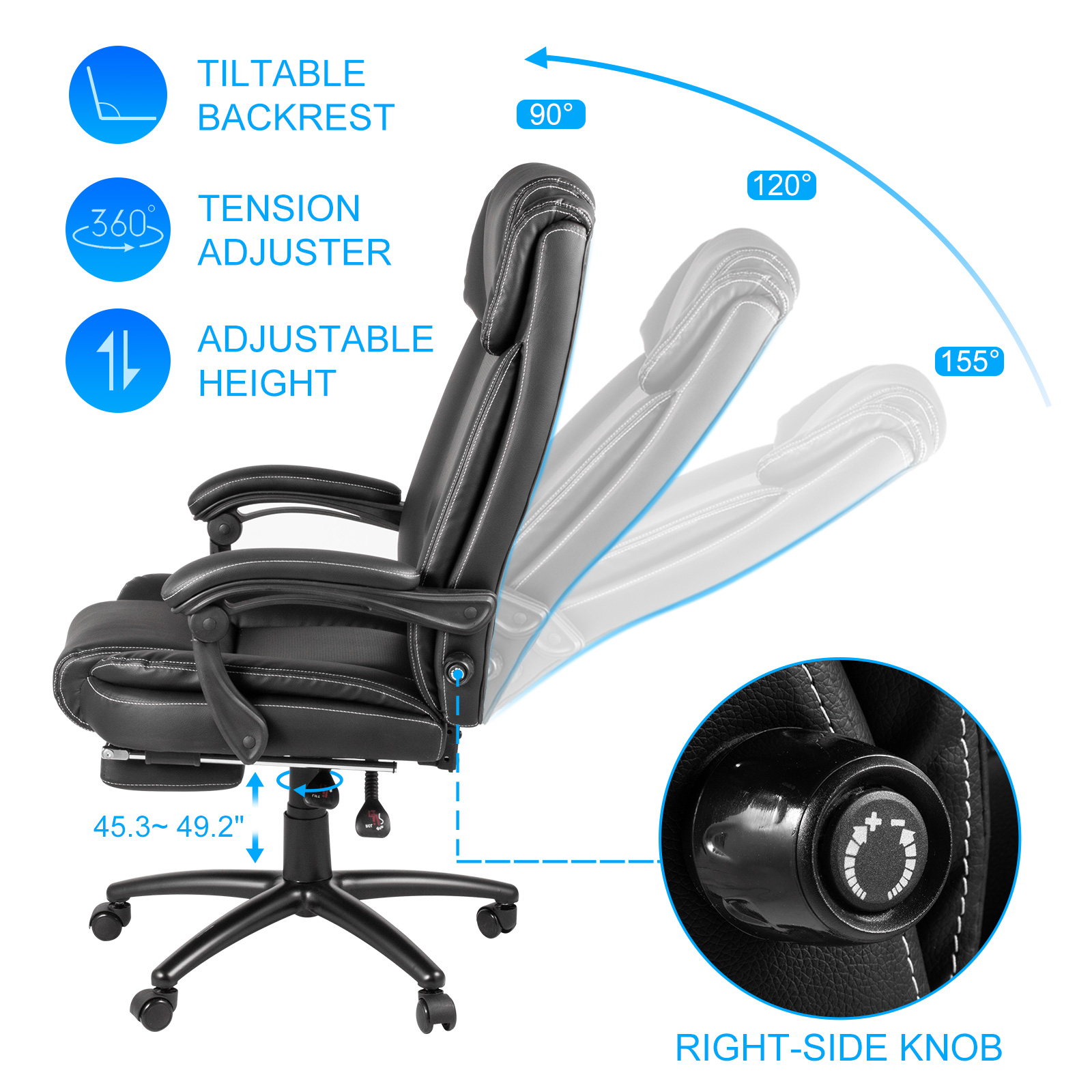 details about executive chair high back office chair reclining height  adjustable black leather