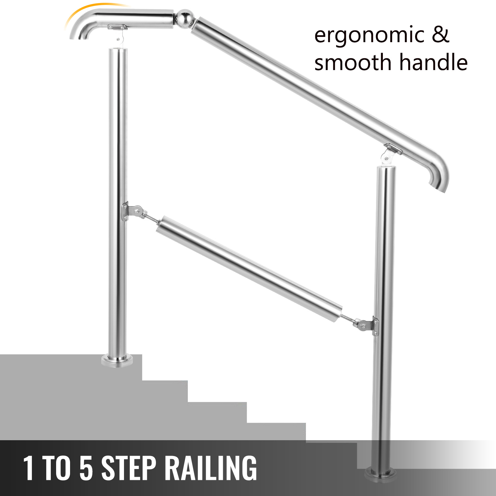 VEVOR Stainless Steel Handrail 220LBS Load Handrail for Outdoor Steps 47x34 Outdoor Stair Railing Silver Stair Handrail Transitional Range from 60 to 130/° Stair Rail Fits 3-4 Steps with Screw Kit