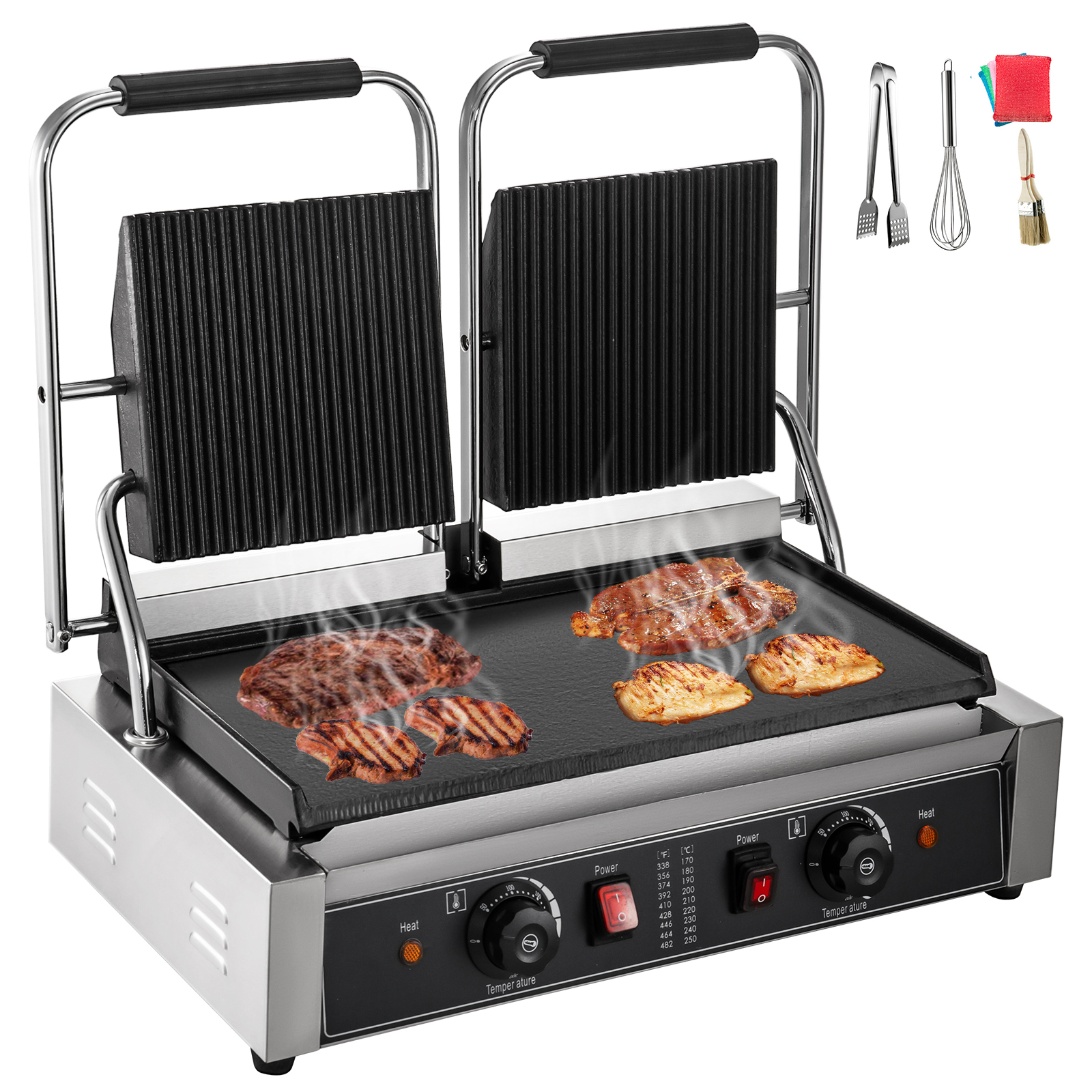 commercial panini press grill, double half grooved plates, 1.8kw