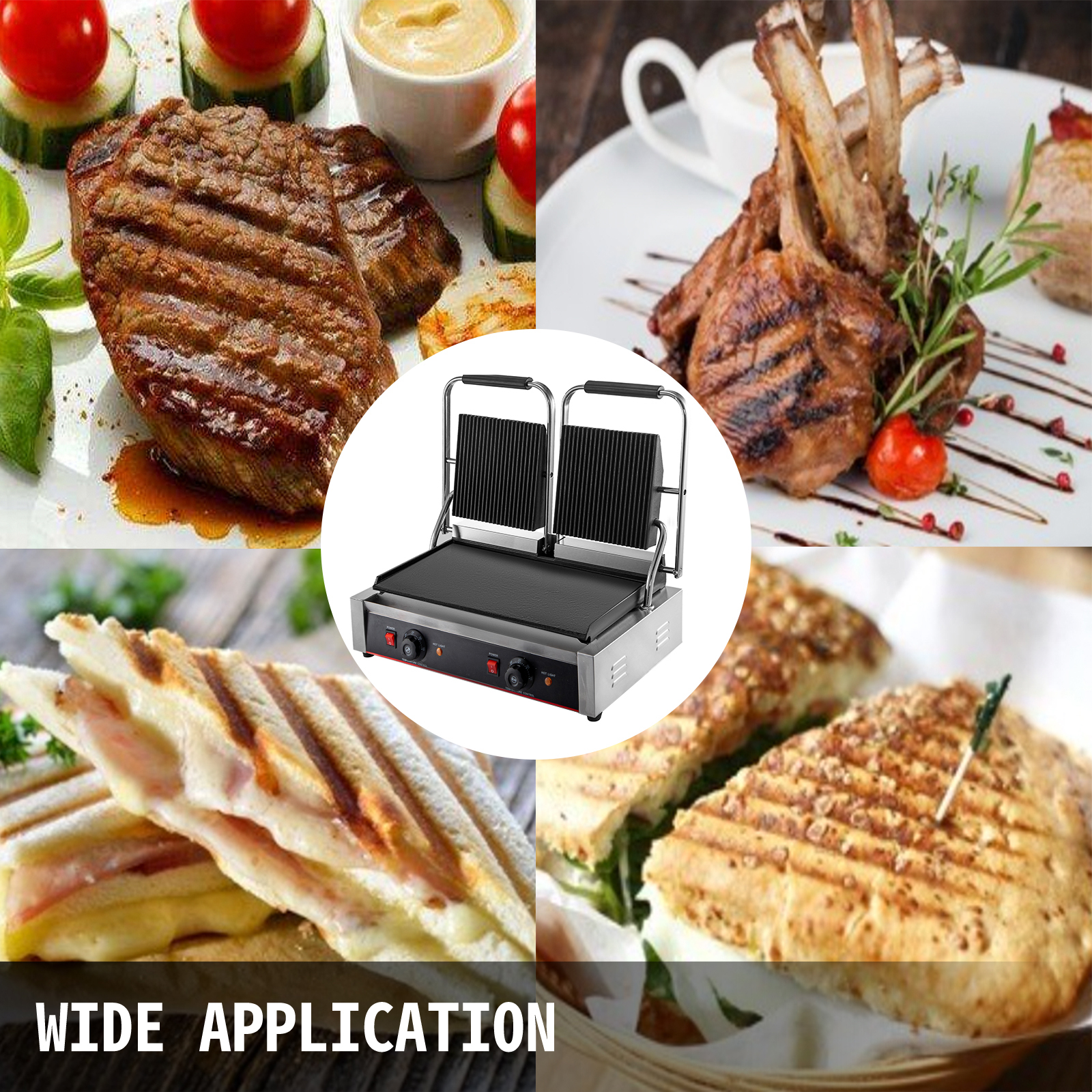 commercial panini press grill, double half grooved plates, 3.6kw