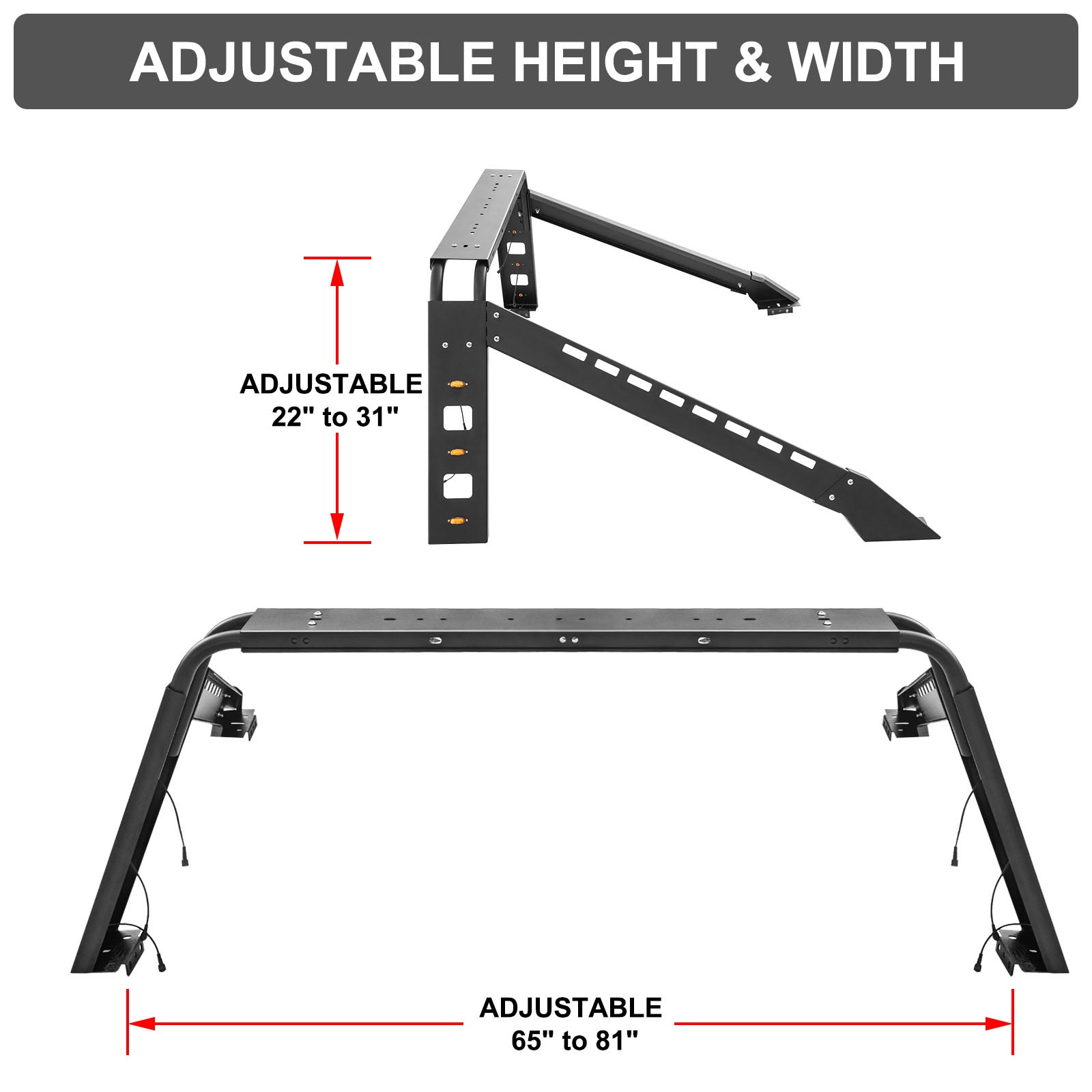 65 to 81 VEVOR Sport Bar Roll Bar Rack Premium Truck Accessories with Adjustable Height & Adjustable Width 22 to 31 Iron Plate Roll Bar Fits for Full Size Trucks/Silverado/Ram/F-150