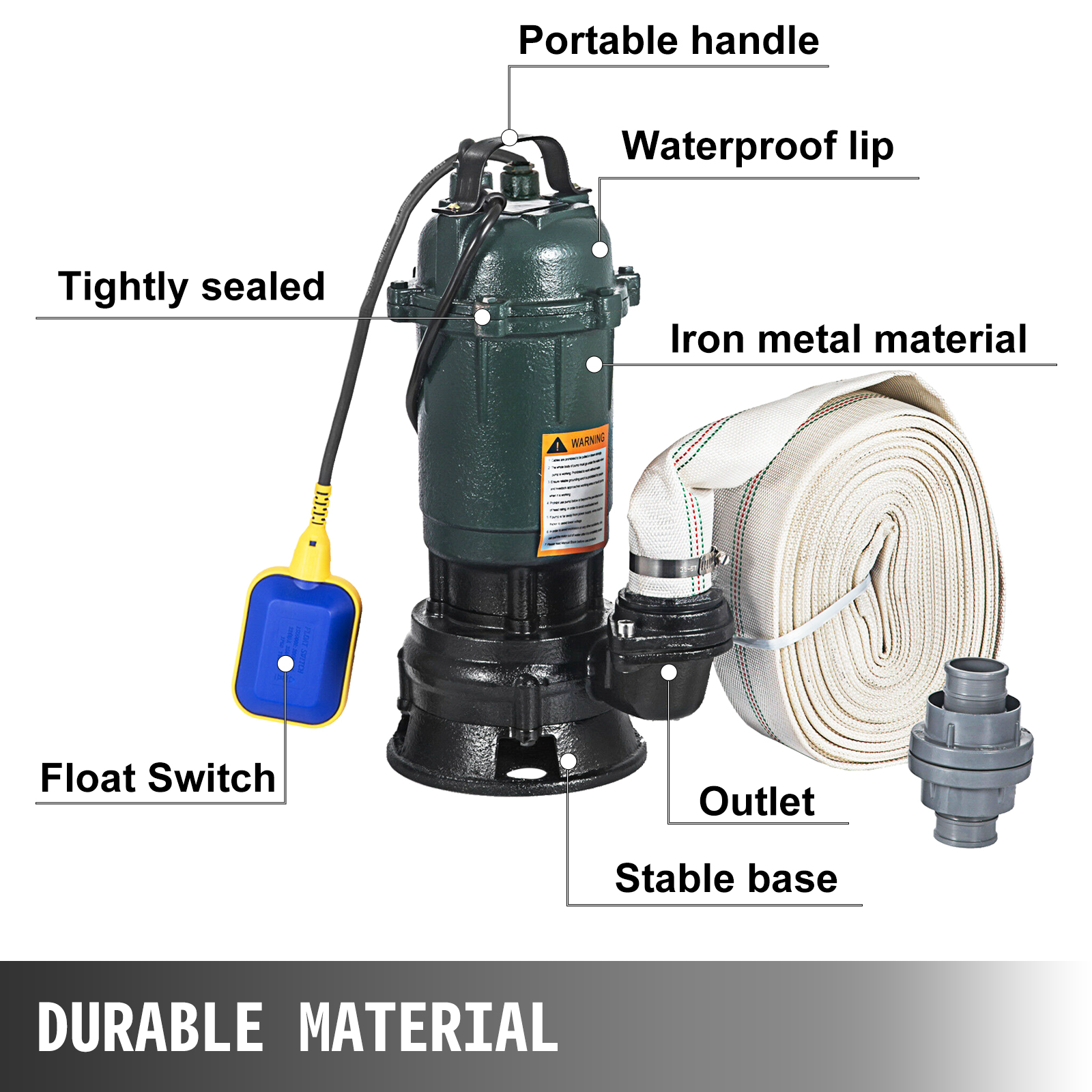 500W 20M Hose Techlifer Sewage Pump Sewage Dirty Water Pump 500W Electric Submersible Pump for Water Wells with 20M Hose