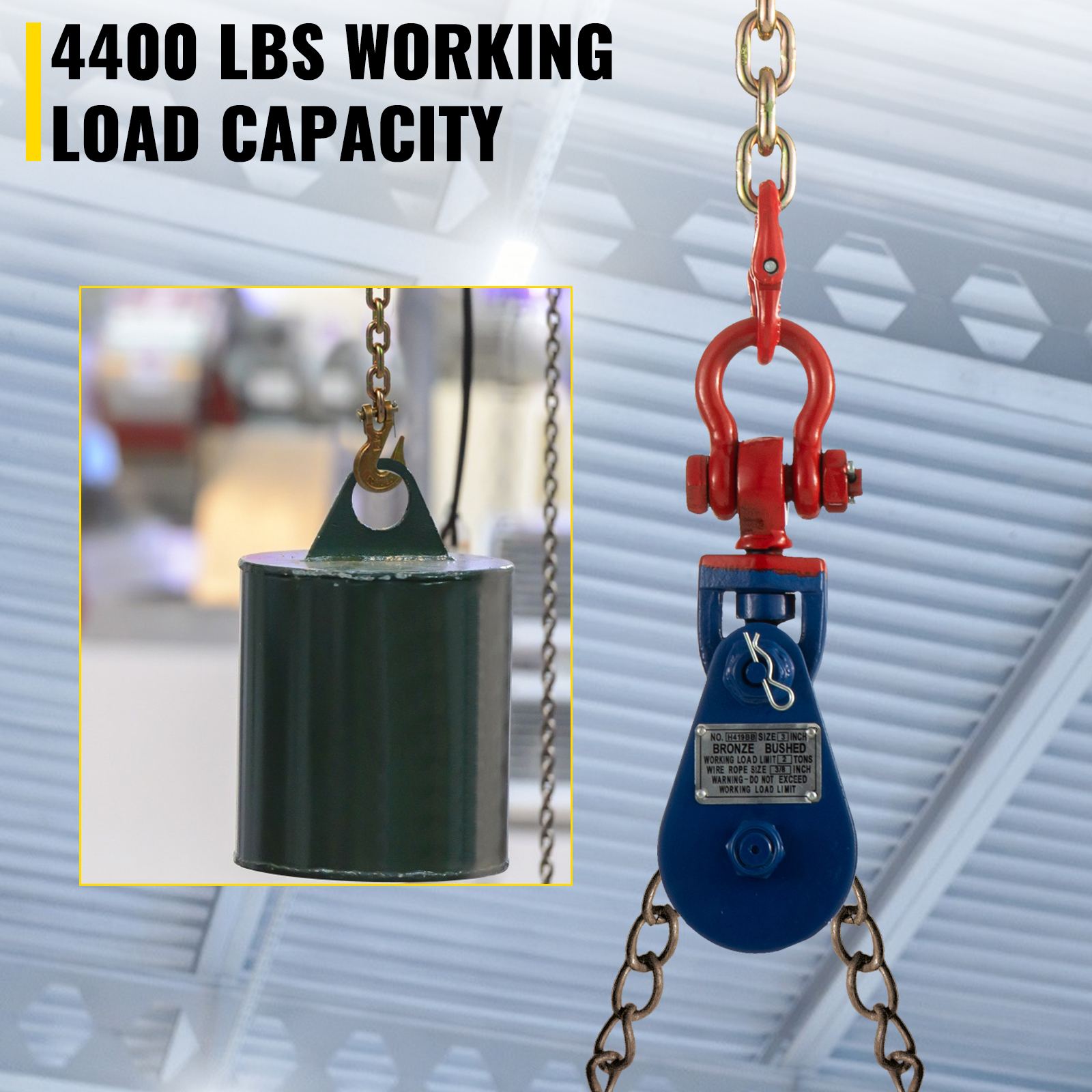 VEVOR 3'' × 3/8'' Snatch Block 2 Ton w/Chain Rigging Sheave Block Tow Lift Cable 