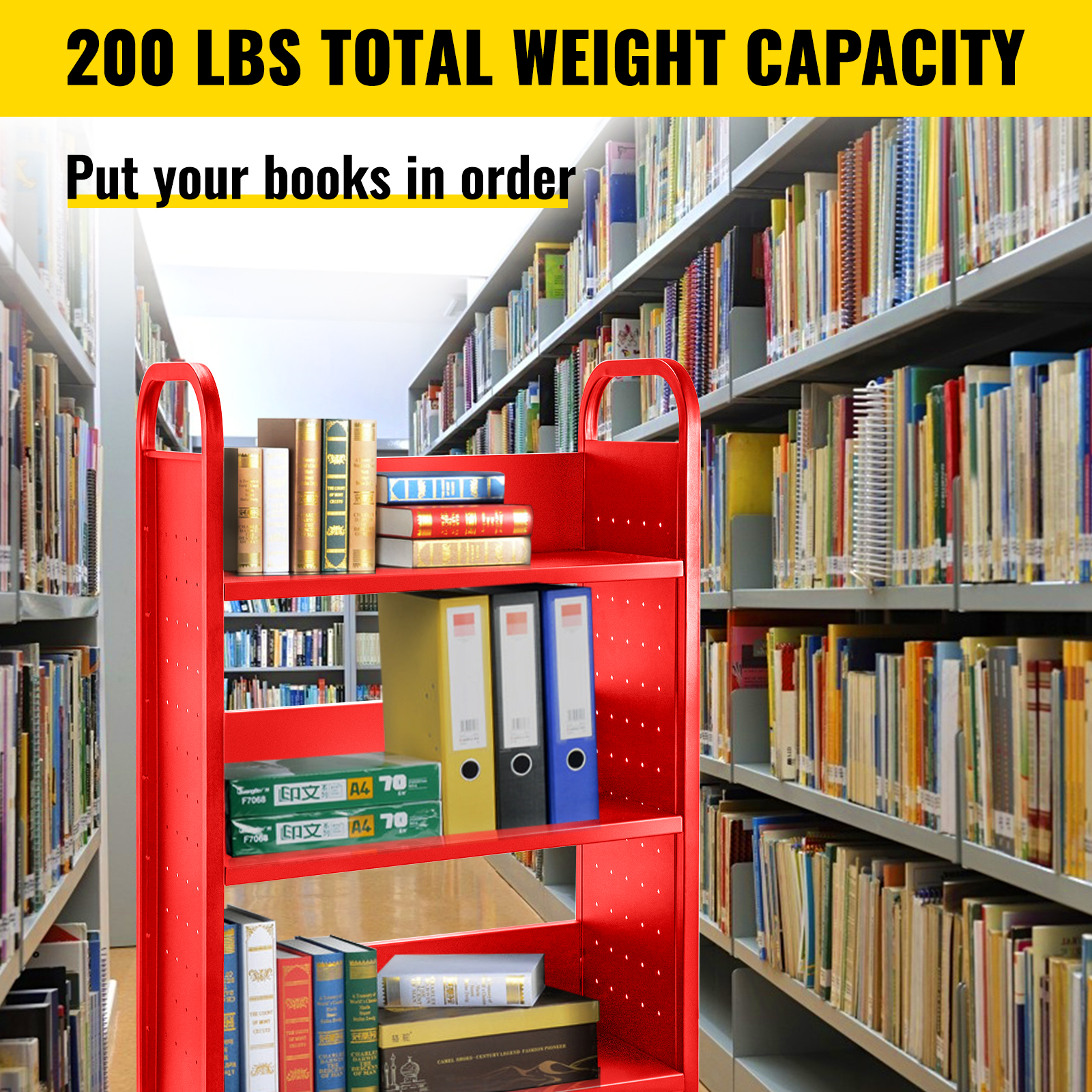 Book Cart Library Cart 200lb loped/Flat Shelves White/Black/Blue/Red 