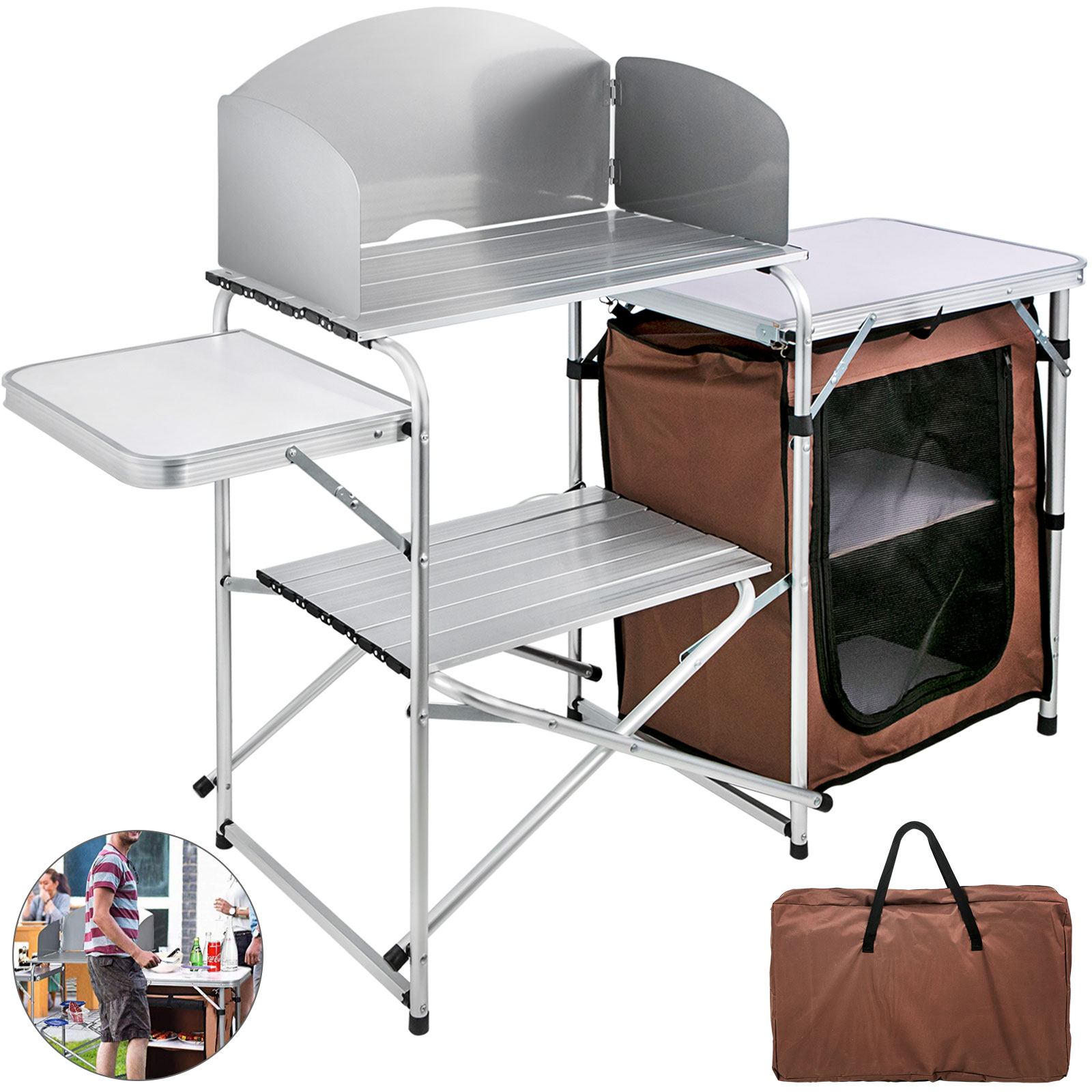 3 Tier Aluminum Kitchen Station Cooking Dining Table Camping Cupboard w/ Handbag 