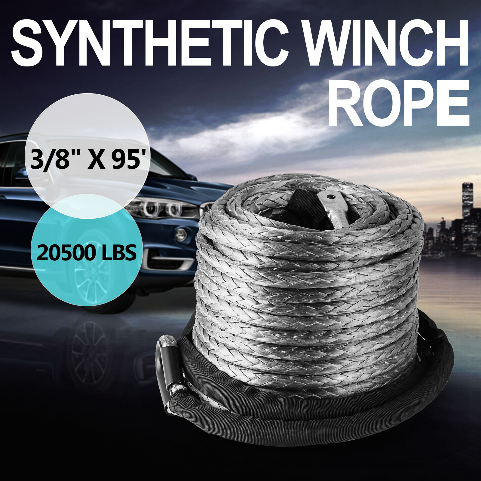 3//8/" X 95/' Winch Synthetic Line Cable Rope 20500 LBs Recovery W// Thimble Sleeve