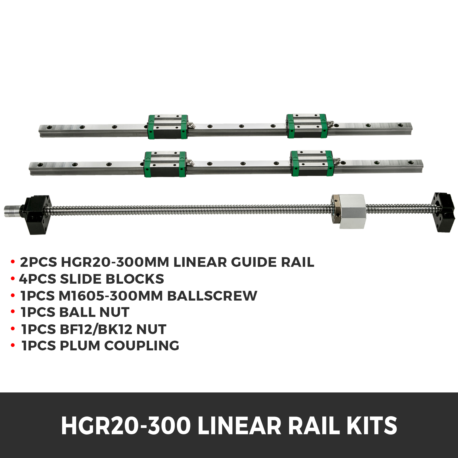 2pcs HGR15-300mm Linear Guide Rail & 1pc RM1605-300mm Ballscrew & BF12/BK12 Set 